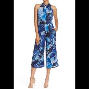 Maggy London Halter Palm-Print Cropped Wide Leg Jumpsuit Blue Size 6